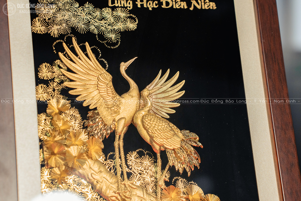 Tranh Tùng Hạc Diên Niên Dát Vàng 24k Cao 34cm