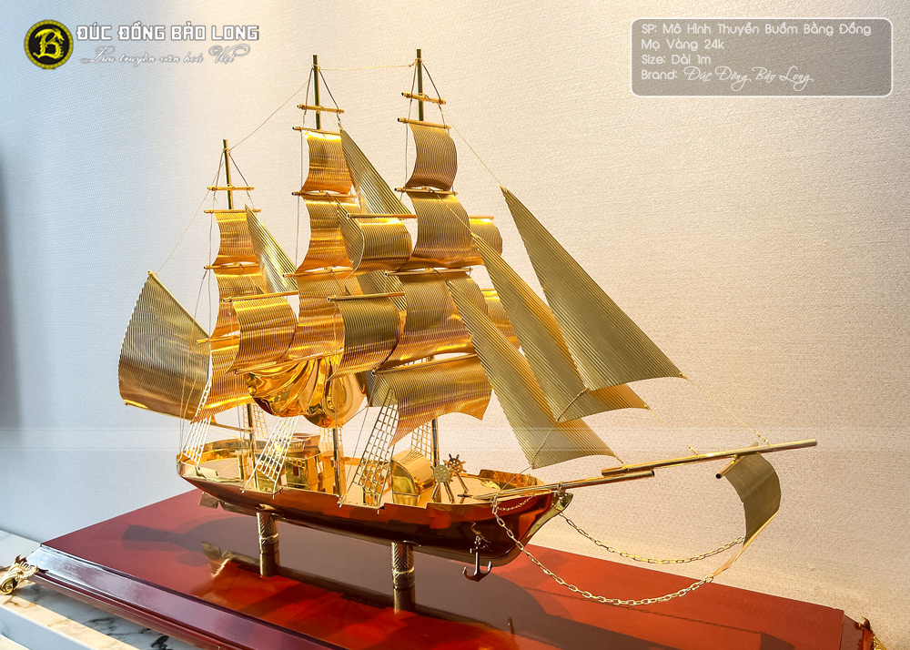 Mô hình thuyền buồm bằng đồng mạ vàng 24k dài 1m