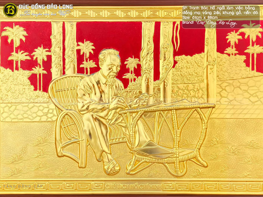 tranh Bác Hồ bằng đồng mạ vàng 61cmx88cm nền đỏ