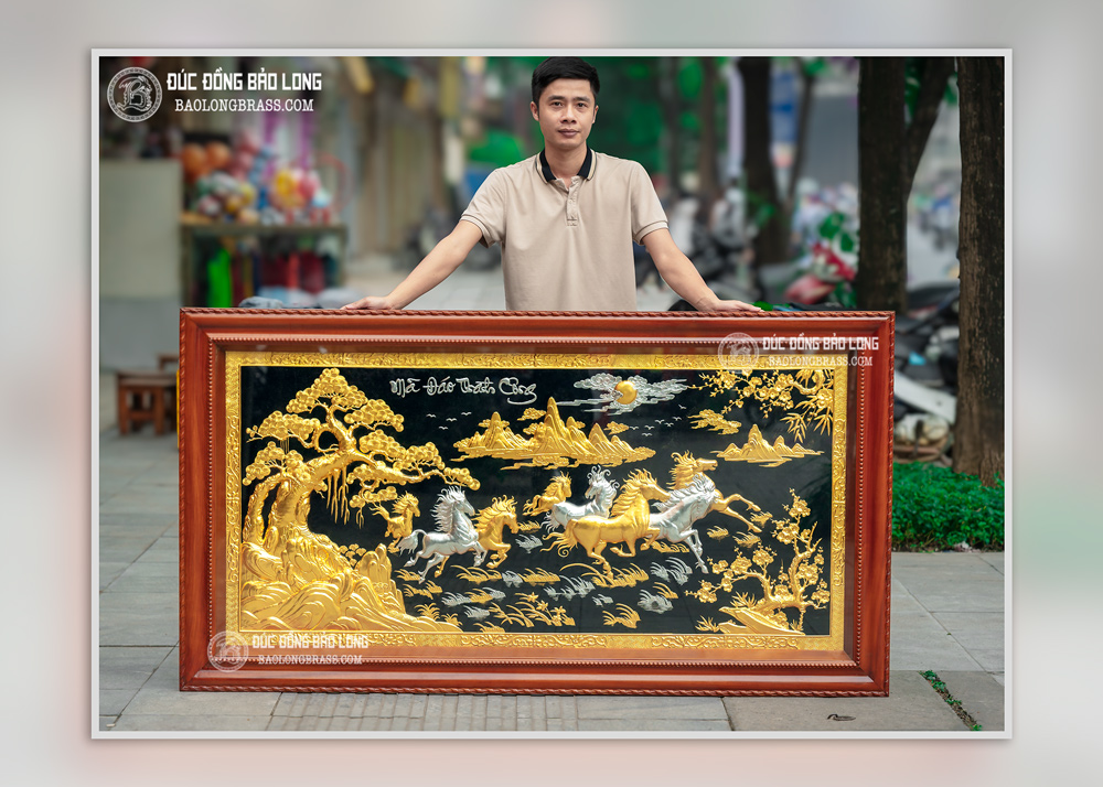 tranh Mã Đáo Thành Công dát vàng bạc 1m97 khung gỗ gõ