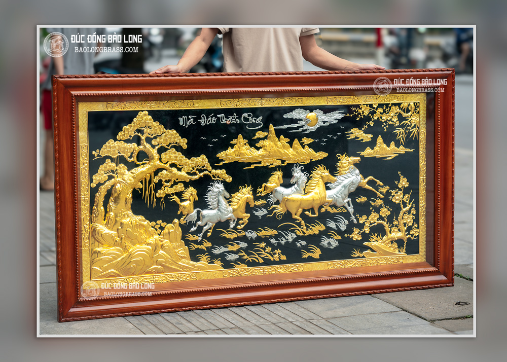 tranh Mã Đáo Thành Công 1m97 dát Vàng Bạc khung gỗ gõ