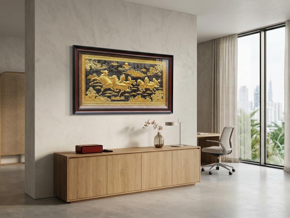 Tranh Mã Đáo Thành Công Bằng Đồng Dát Vàng Khổ 40cm x 70cm và 61cm x 1m07