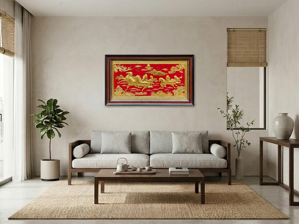 Tranh Mã Đáo Thành Công Bằng Đồng Dát Vàng Khổ 40cm x 70cm và 61cm x 1m07