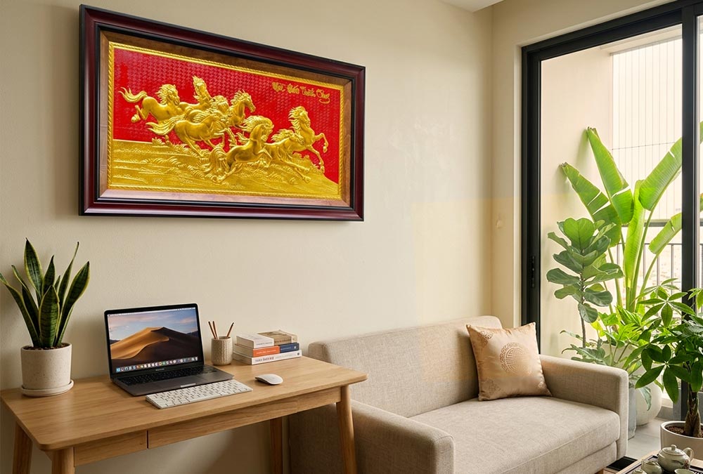 Tranh Mã Đáo Thành Công Bằng Đồng dát vàng khổ 50cm x 90cm