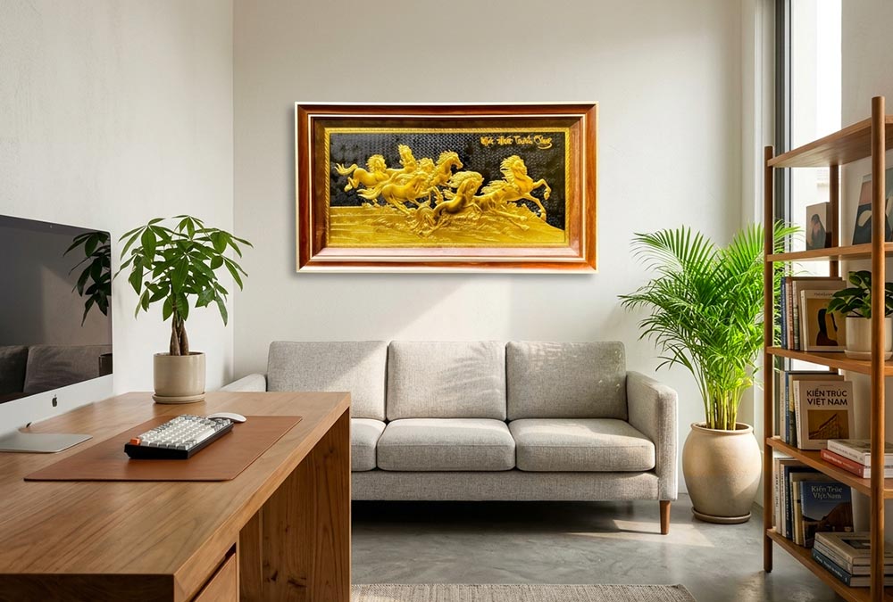 Tranh Mã Đáo Thành Công Bằng Đồng dát vàng khổ 50cm x 90cm