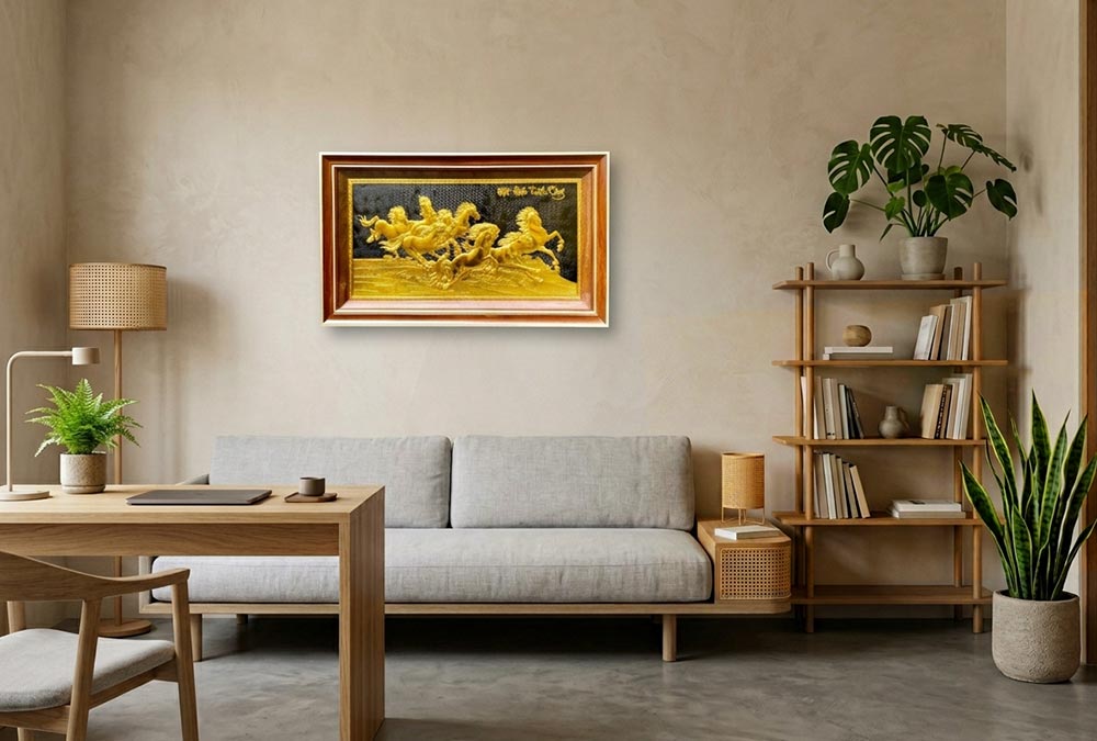 Tranh Mã Đáo Thành Công Bằng Đồng dát vàng khổ 50cm x 90cm