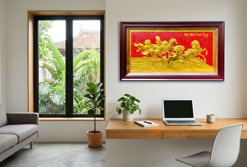 Tranh Mã Đáo Thành Công Bằng Đồng dát vàng khổ 50cm x 90cm