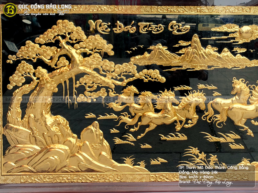 Tranh Mã Đáo Thành Công bằng đồng mạ vàng 1m76x89cm khung gỗ gụ
