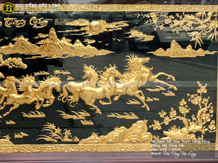 Tranh Mã Đáo Thành Công bằng đồng mạ vàng 1m76x89cm khung gỗ gụ