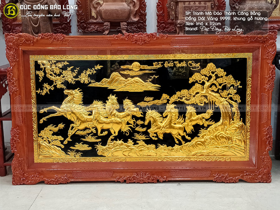 tranh Mã Đáo Thành Công dát vàng 1m6x92cm khung gỗ hương