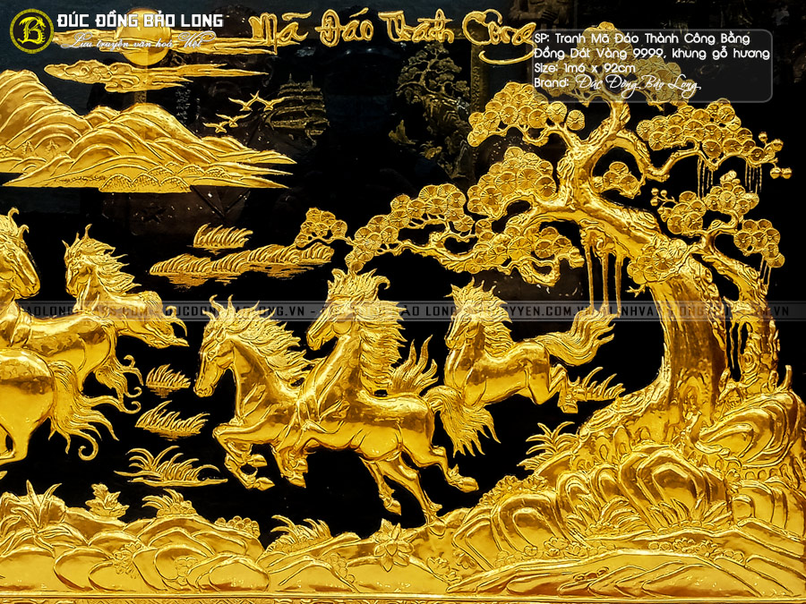 tranh mã đáo thành công bằng đồng dát vàng 9999 khung gỗ hương 1m6x92cm