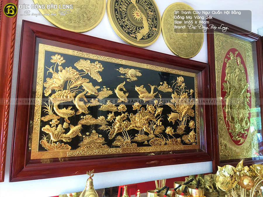 Tranh Cá Chép Hoa Sen bằng đồng mạ vàng 1m55x88cm