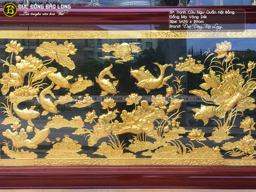 Tranh Cá Chép Hoa Sen bằng đồng 1m76x89cm mạ vàng