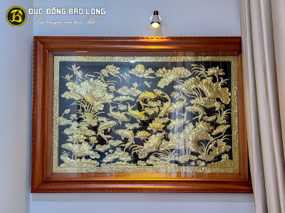 Tranh Cá Chép Hoa Sen Bằng Đồng 1m27 x 88cm Khung Gỗ Gõ Đỏ