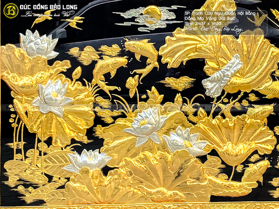 Tranh Cá Chép Hoa Sen mạ vàng, dát bạc khung gỗ hương 2m37x1m33