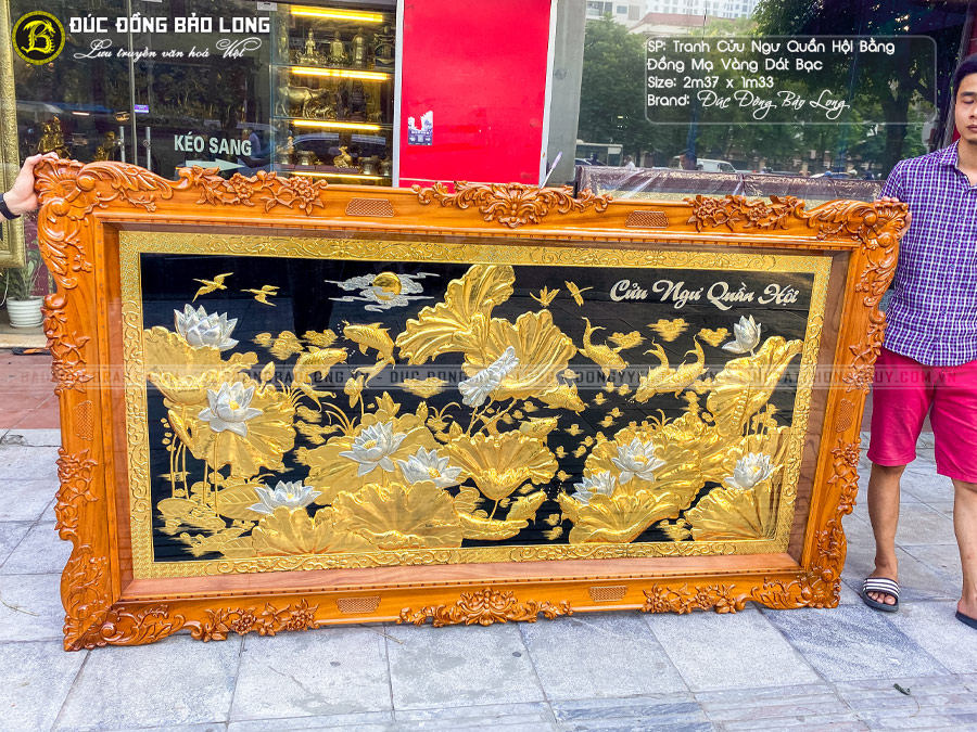 Tranh Cá Chép Hoa Sen mạ vàng, dát bạc khung gỗ hương 2m37x1m33