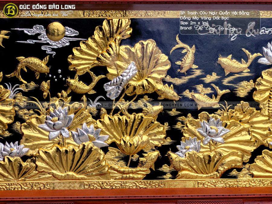 Tranh Cá Chép Hoa Sen mạ vàng, dát bạc khung gỗ hương 2mx1m1