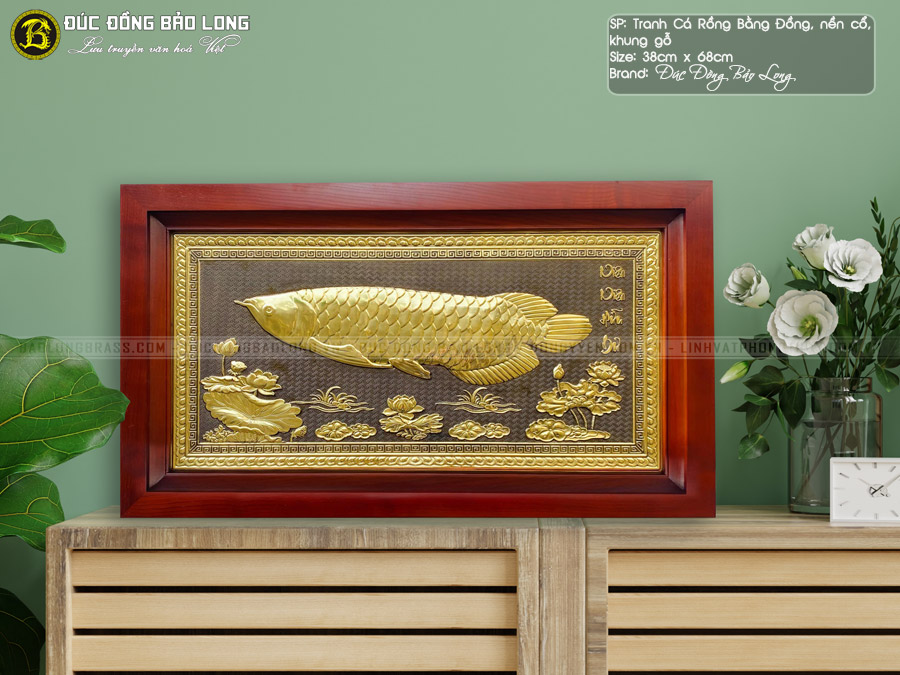 tranh cá rồng bằng đồng khung gỗ khổ 38cm x 68cm
