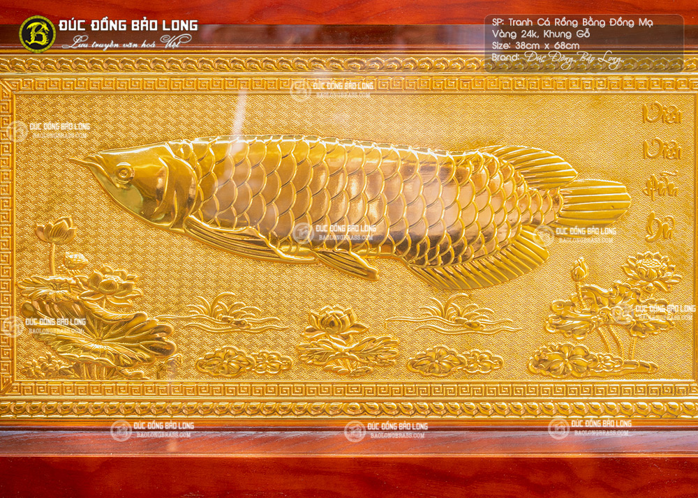 tranh cá rồng bằng đồng mạ vàng 24k khung gỗ 38x68cm