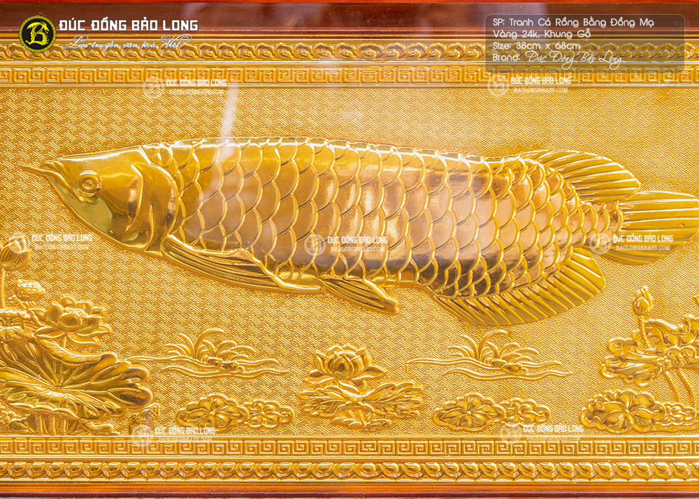 tranh cá rồng bằng đồng mạ vàng 24k khổ 38cm x 68cm