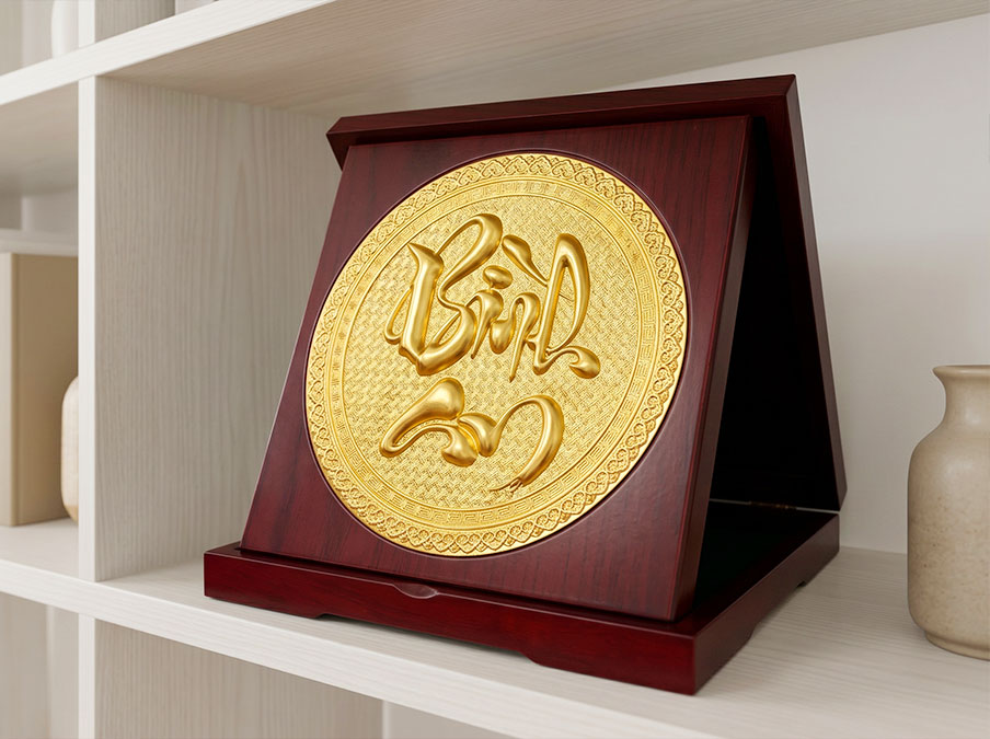 Hộp quà tặng tranh chữ Bình An bằng đồng dát vàng vuông 23cm