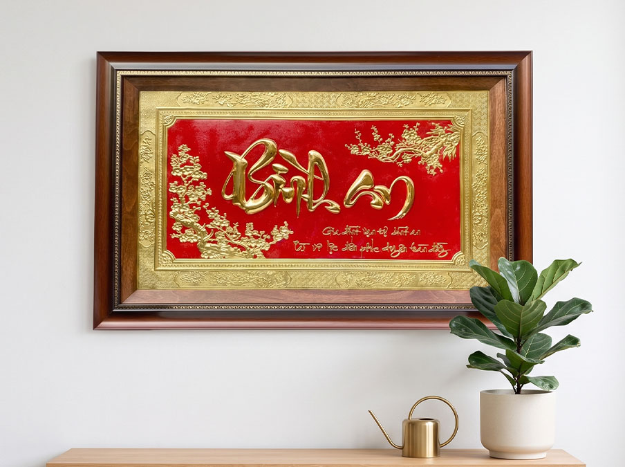 tranh chữ bình an bằng đồng 50cm x 80cm