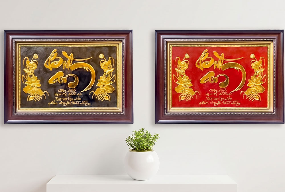 Quà Tặng Tranh Chữ Bình An Hoa Sen Bằng Đồng Khổ 38x54 Dát Vàng Trang Trọng