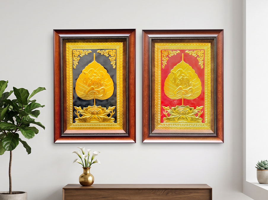 Quà Tặng Tranh Chữ Bình An Lá Đề Bằng Đồng Dát Vàng Khổ 40cm x 55cm