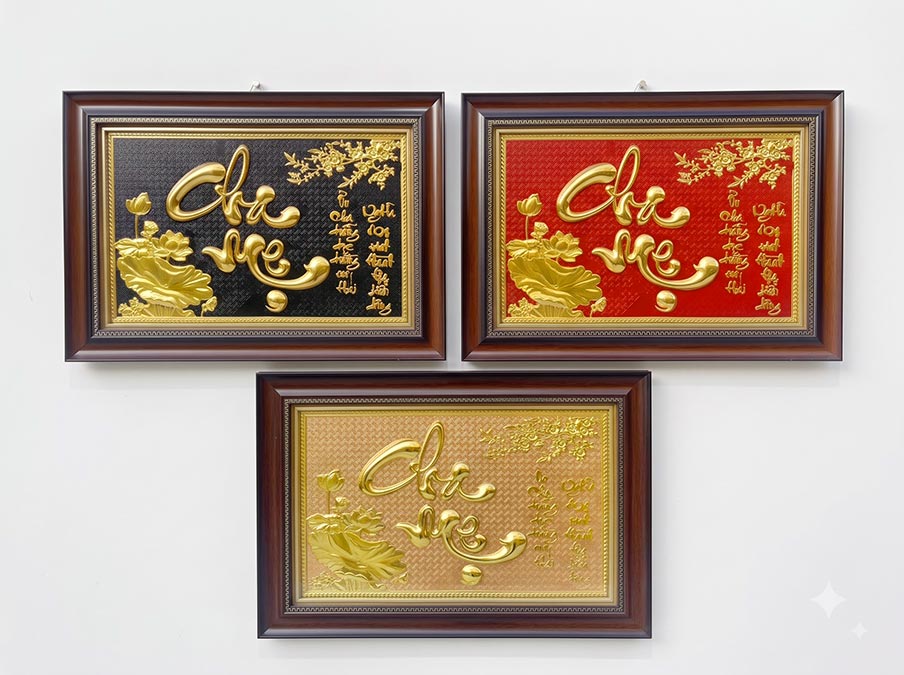 Tranh Chữ Cha Mẹ Bằng Đồng Dát Vàng Khổ Ngang 40cm x 55cm