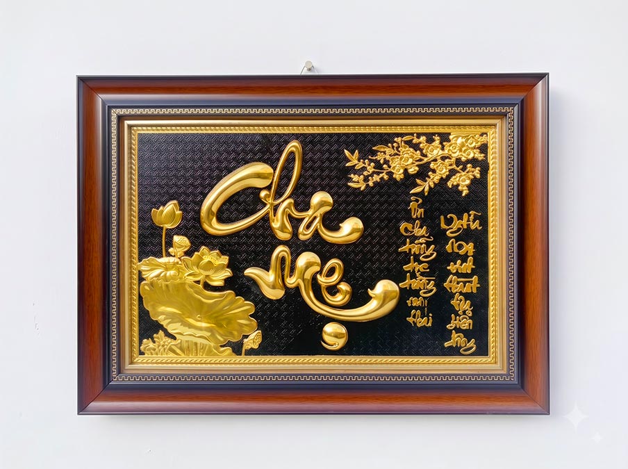 Tranh Chữ Cha Mẹ Bằng Đồng Dát Vàng Khổ Ngang 40cm x 55cm