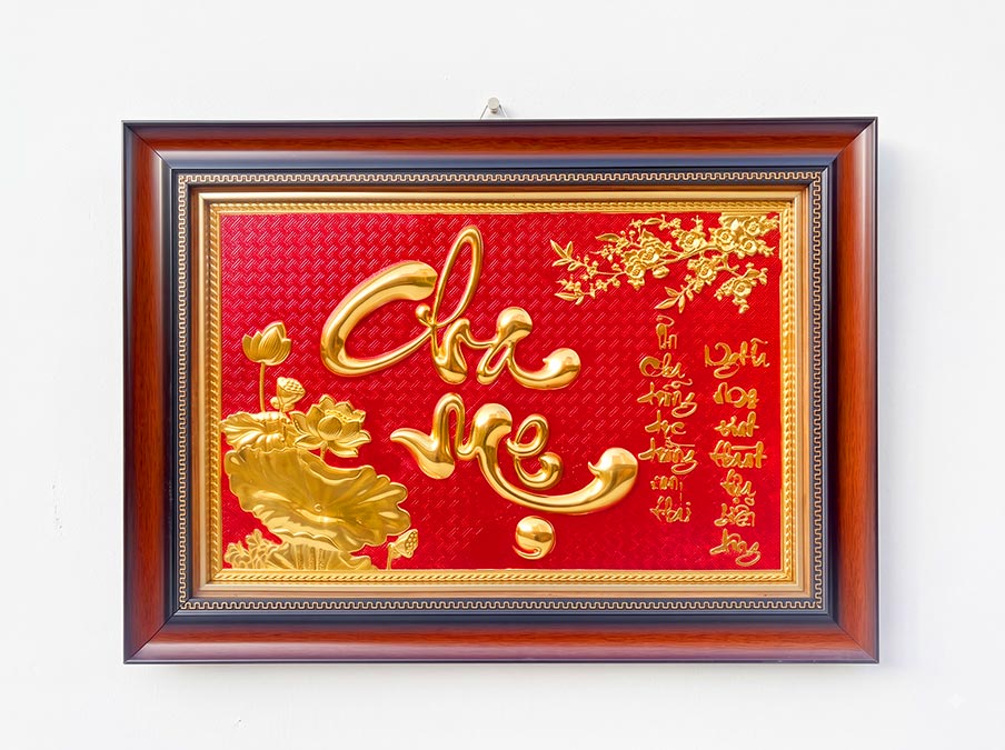 Tranh Chữ Cha Mẹ Bằng Đồng Dát Vàng Khổ Ngang 40cm x 55cm