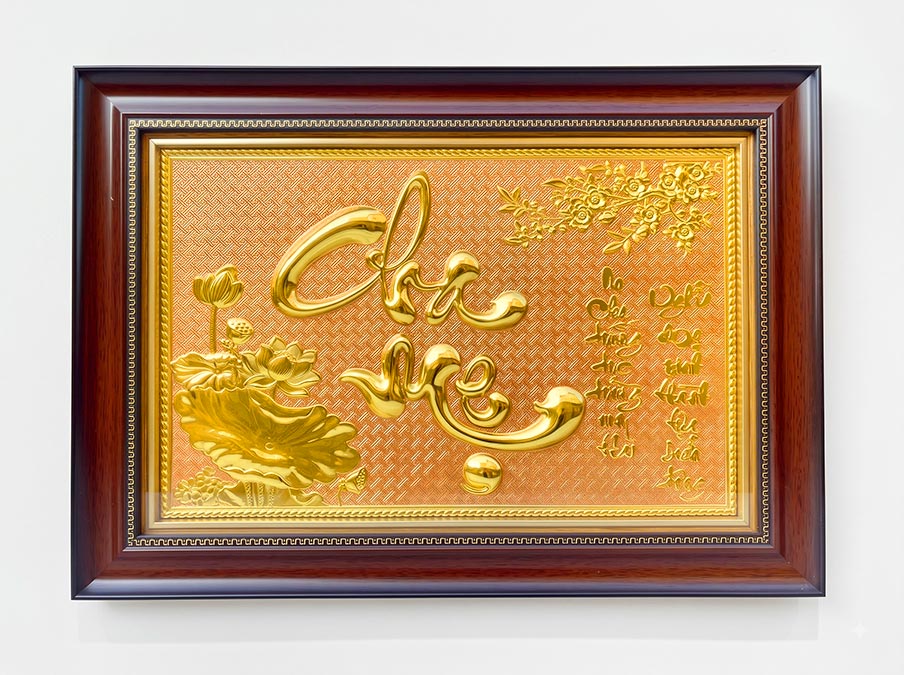 Tranh Chữ Cha Mẹ Bằng Đồng Dát Vàng Khổ Ngang 40cm x 55cm