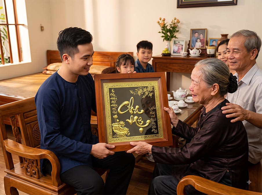Tranh Chữ Cha Mẹ Bằng Đồng Khổ Vuông 38cm