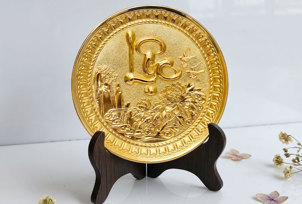Bộ Tranh Đĩa Tròn Phúc Lộc Thọ Bằng Đồng Mạ Vàng ĐK 19cm