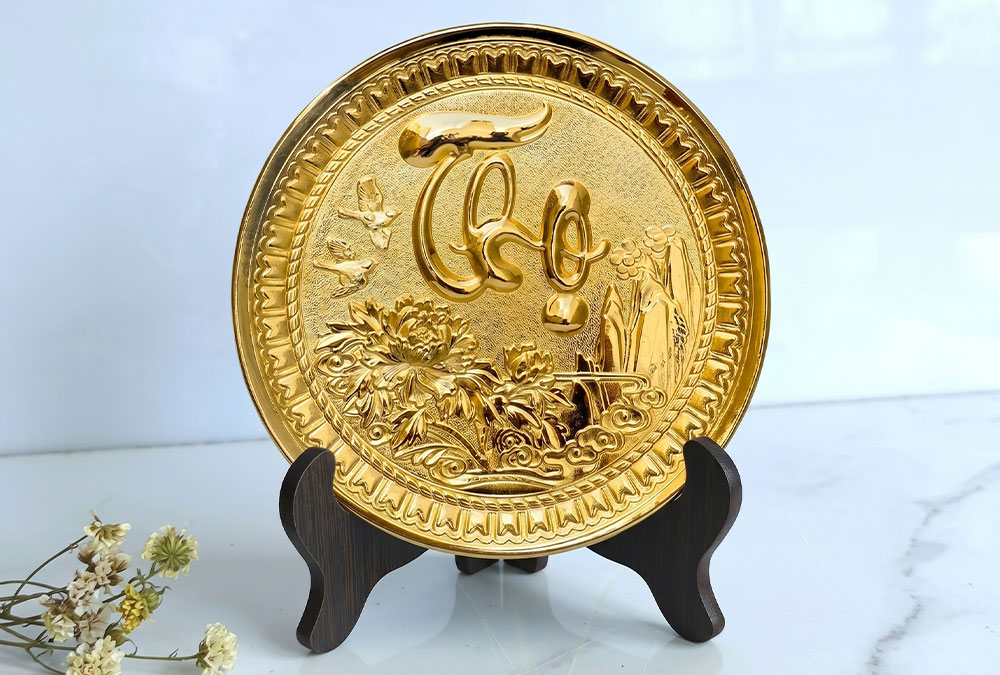 Bộ Tranh Đĩa Tròn Phúc Lộc Thọ Bằng Đồng Mạ Vàng ĐK 19cm