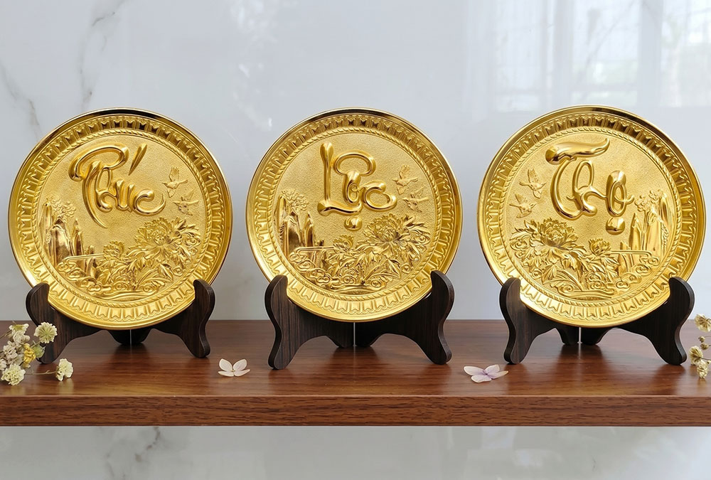Bộ Tranh Đĩa Tròn Phúc Lộc Thọ Bằng Đồng Mạ Vàng ĐK 19cm