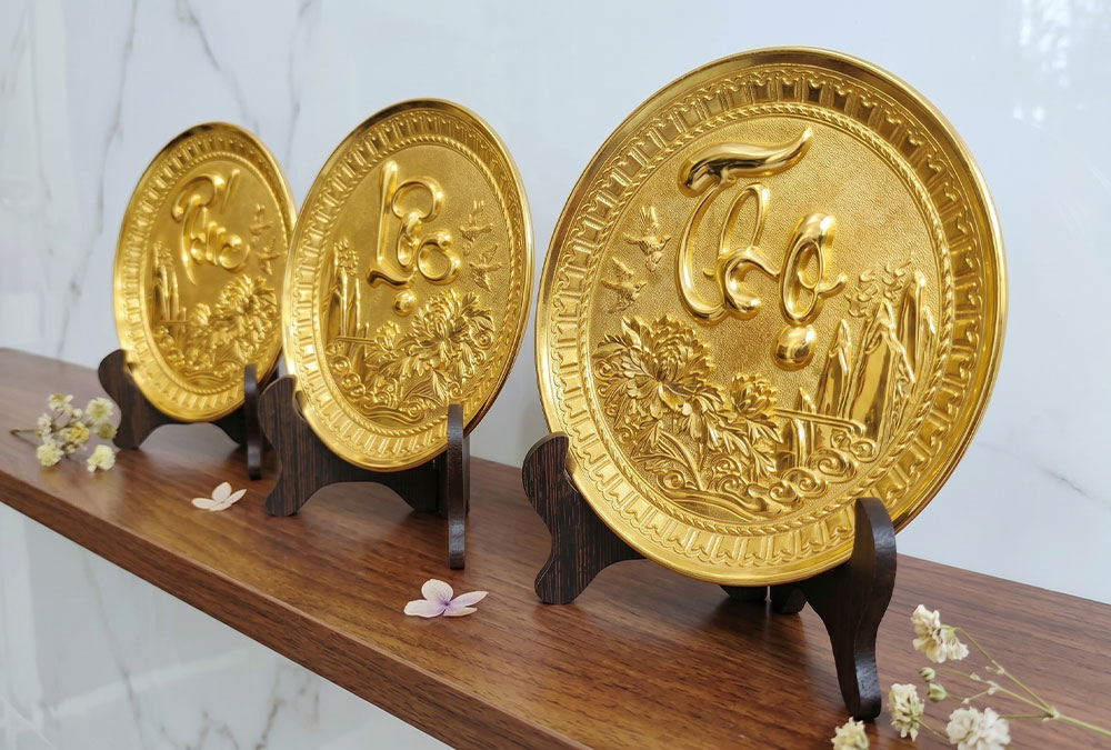 Bộ Tranh Đĩa Tròn Phúc Lộc Thọ Bằng Đồng Mạ Vàng ĐK 19cm
