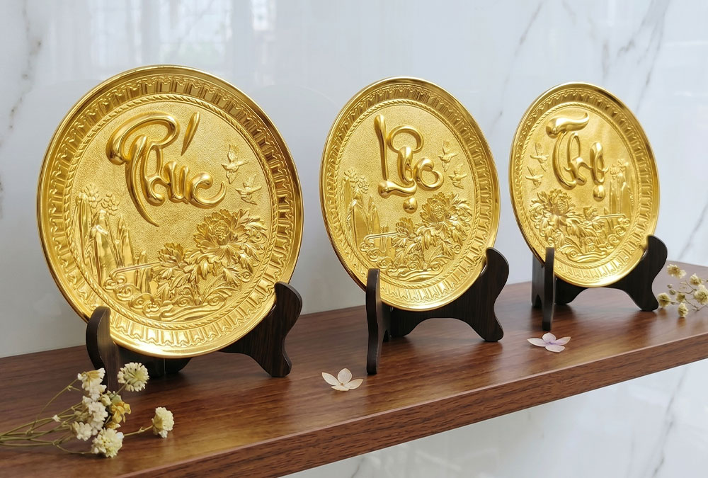 Bộ Tranh Đĩa Tròn Phúc Lộc Thọ Bằng Đồng Mạ Vàng ĐK 19cm