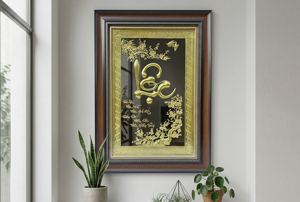 Tranh Chữ Lộc Thư Pháp Bằng Đồng Khổ Dọc 48cm x 68cm Hoa Mai Phú Quý