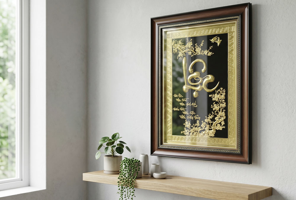 Tranh Chữ Lộc Thư Pháp Bằng Đồng Khổ Dọc 48cm x 68cm Hoa Mai Phú Quý