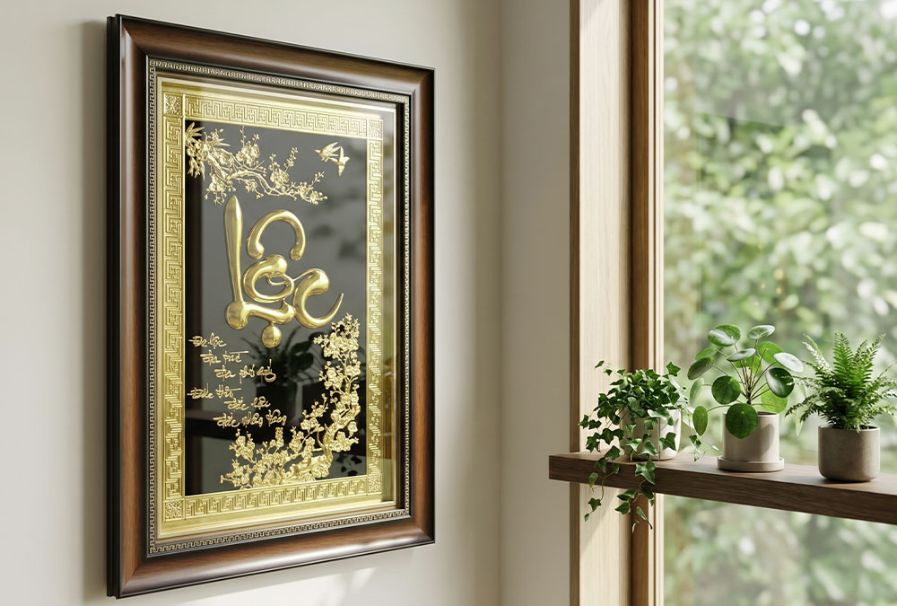 Tranh Chữ Lộc Thư Pháp Bằng Đồng Khổ Dọc 48cm x 68cm Hoa Mai Phú Quý