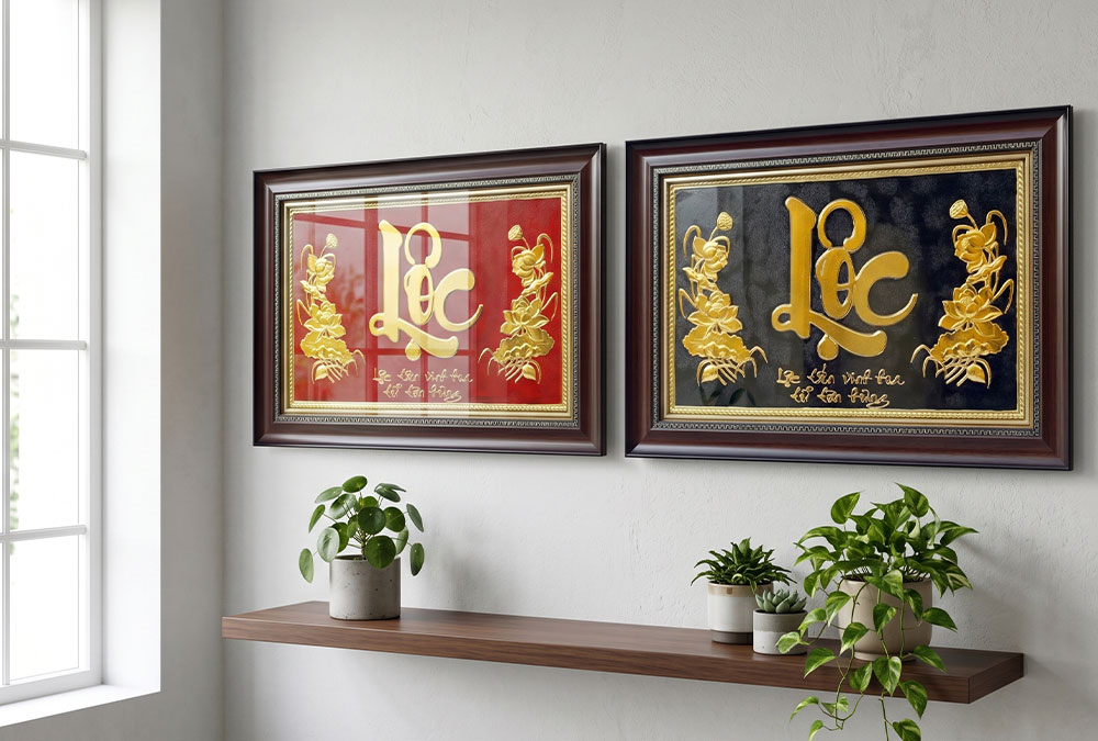 Tranh chữ Lộc thư pháp bằng đồng dát vàng khổ 40cm x 55cm