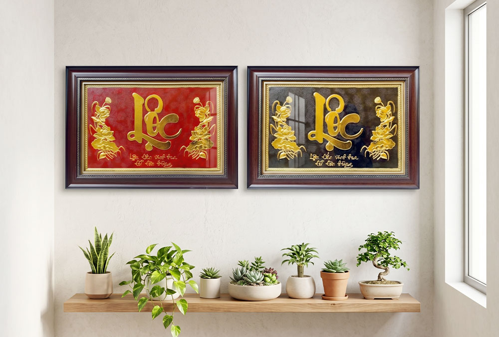 Tranh chữ Lộc thư pháp bằng đồng dát vàng khổ 40cm x 55cm