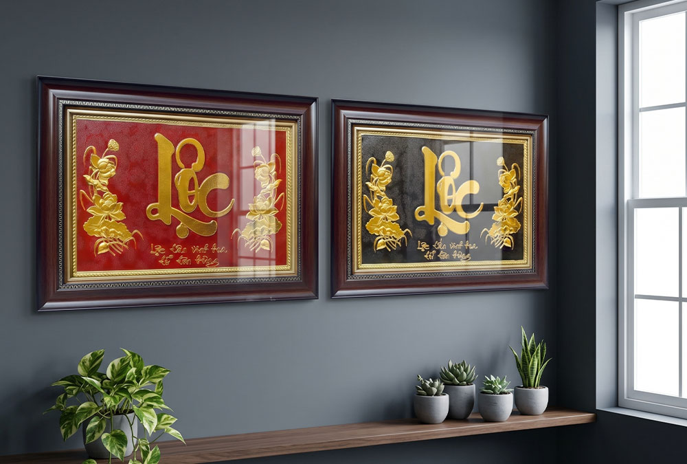 Tranh chữ Lộc thư pháp bằng đồng dát vàng khổ 40cm x 55cm