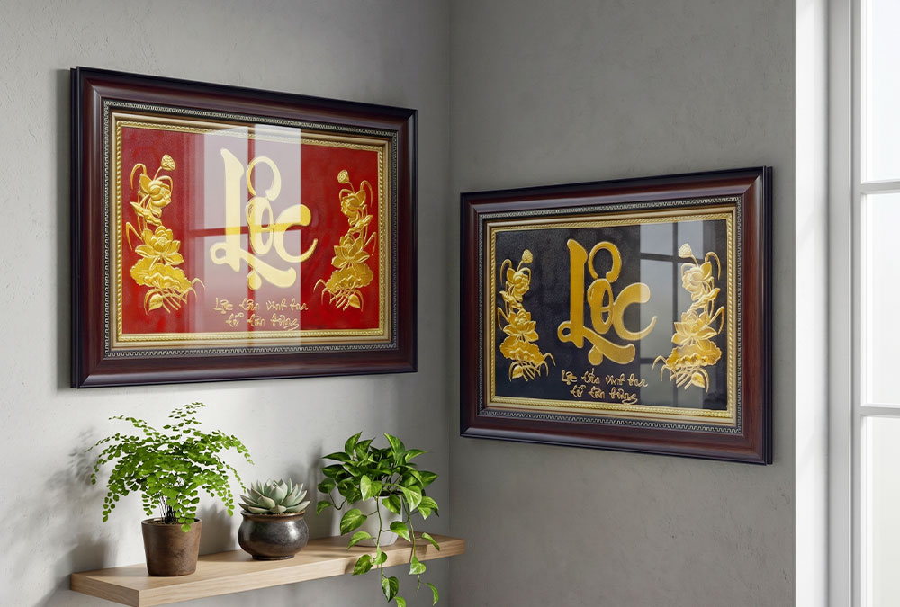 Tranh chữ Lộc thư pháp bằng đồng dát vàng khổ 40cm x 55cm