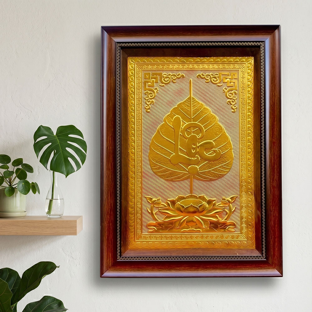 Quà Tặng Tranh Chữ Lộc Lá Bồ Đề Bằng Đồng Dát Vàng 40cm x 55cm