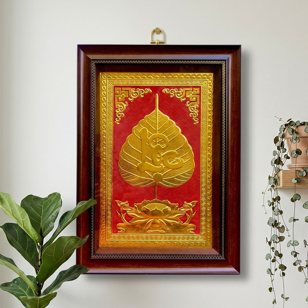 Quà Tặng Tranh Chữ Lộc Lá Bồ Đề Bằng Đồng Dát Vàng 40cm x 55cm