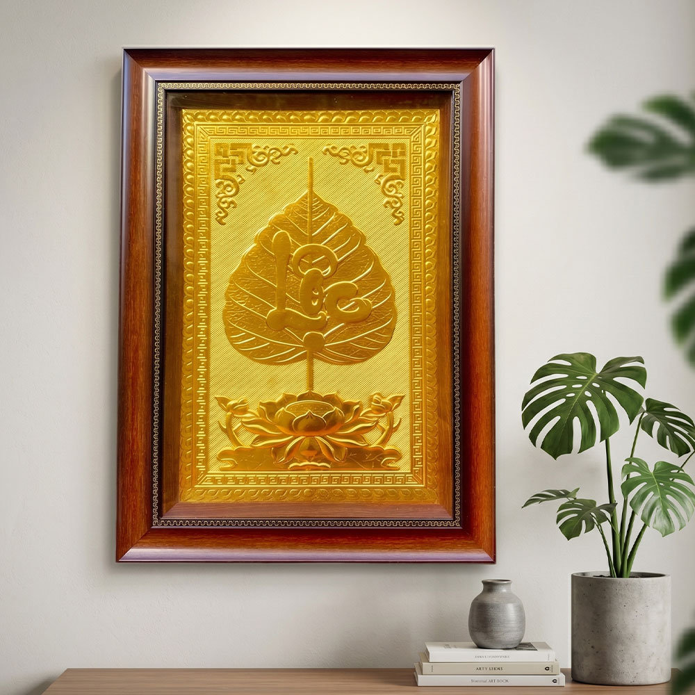 Quà Tặng Tranh Chữ Lộc Lá Bồ Đề Bằng Đồng Dát Vàng 40cm x 55cm