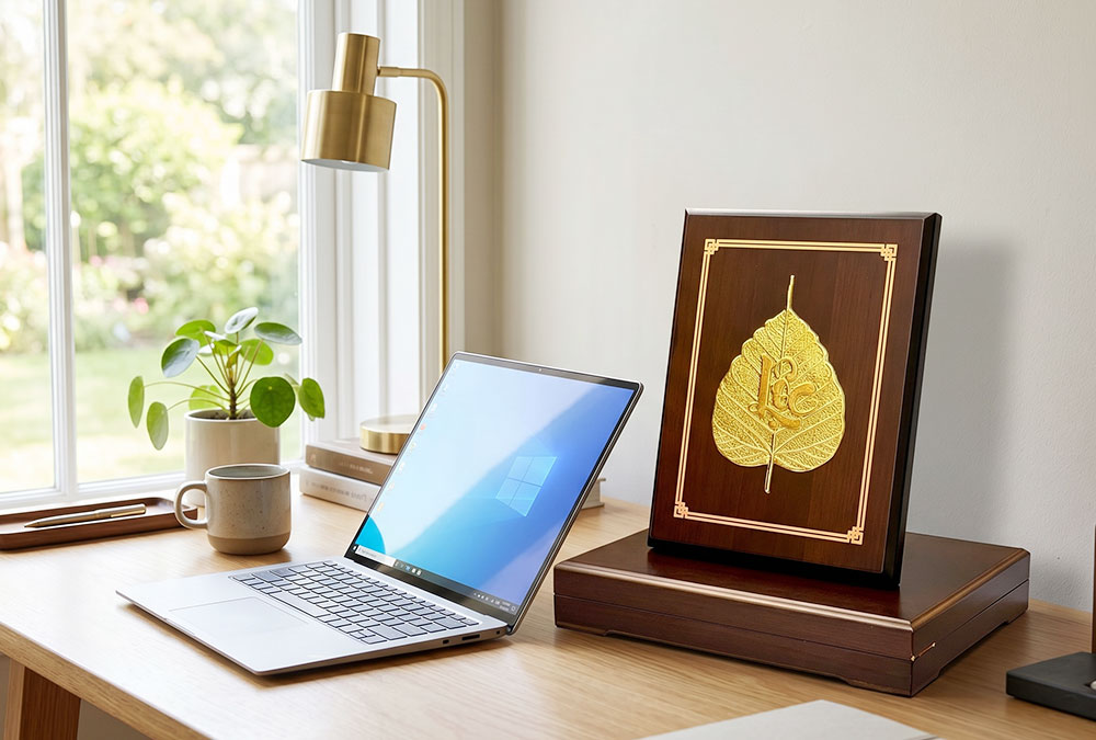 Quà Tặng Tranh Chữ Lộc Lá Bồ Đề Bằng Đồng Dát Vàng 17cm x 22cm