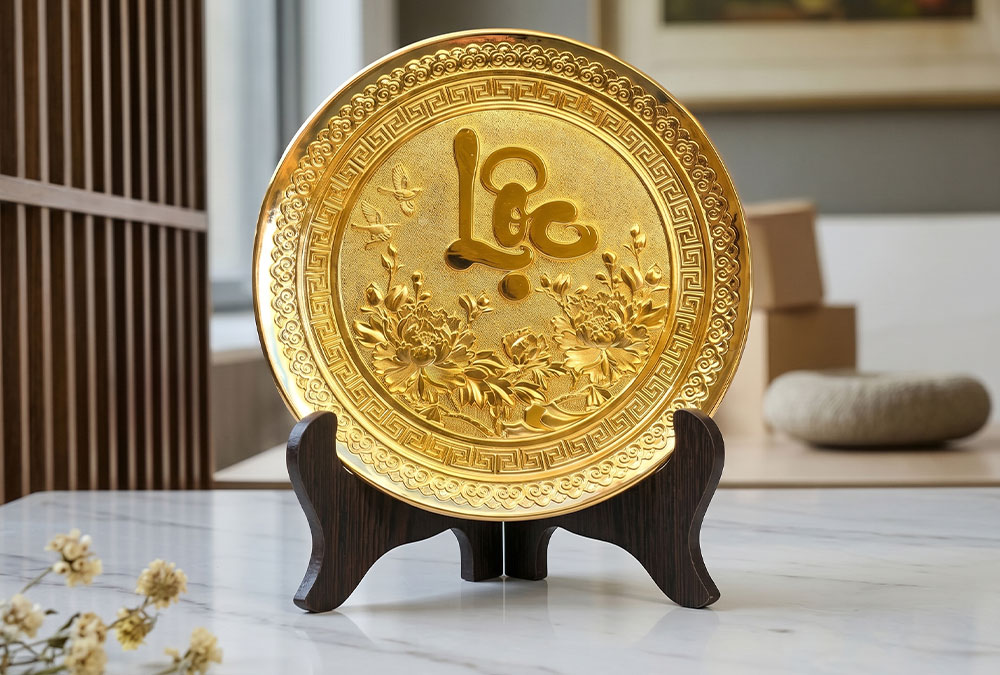 Tranh Đồng Chữ Lộc Tròn Dát Vàng Đường Kính 25cm
